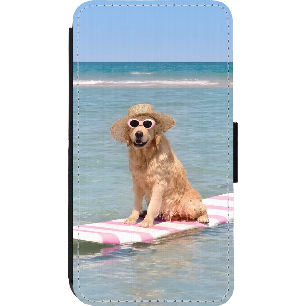 Coque iPhone 13 mini - Wallet noir Summer Dog on Paddle