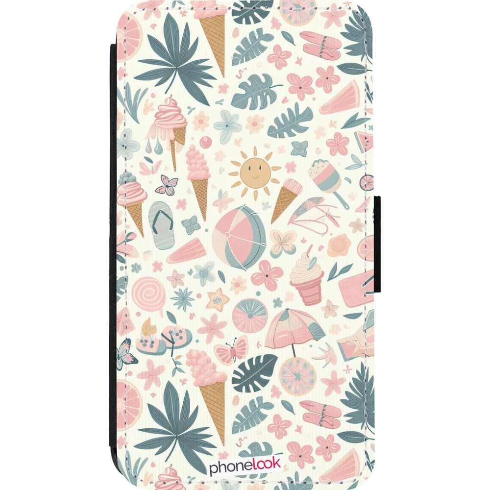 iPhone 13 mini Case Hülle - Wallet schwarz Sommer Pink Muster