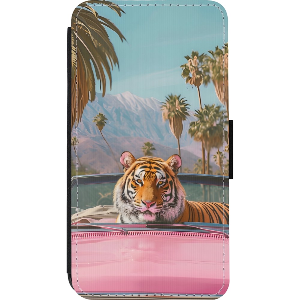 iPhone 13 mini Case Hülle - Wallet schwarz Tiger Auto rosa