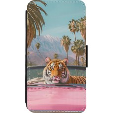 iPhone 13 mini Case Hülle - Wallet schwarz Tiger Auto rosa