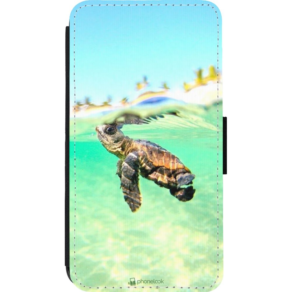 Coque iPhone 13 mini - Wallet noir Turtle Underwater