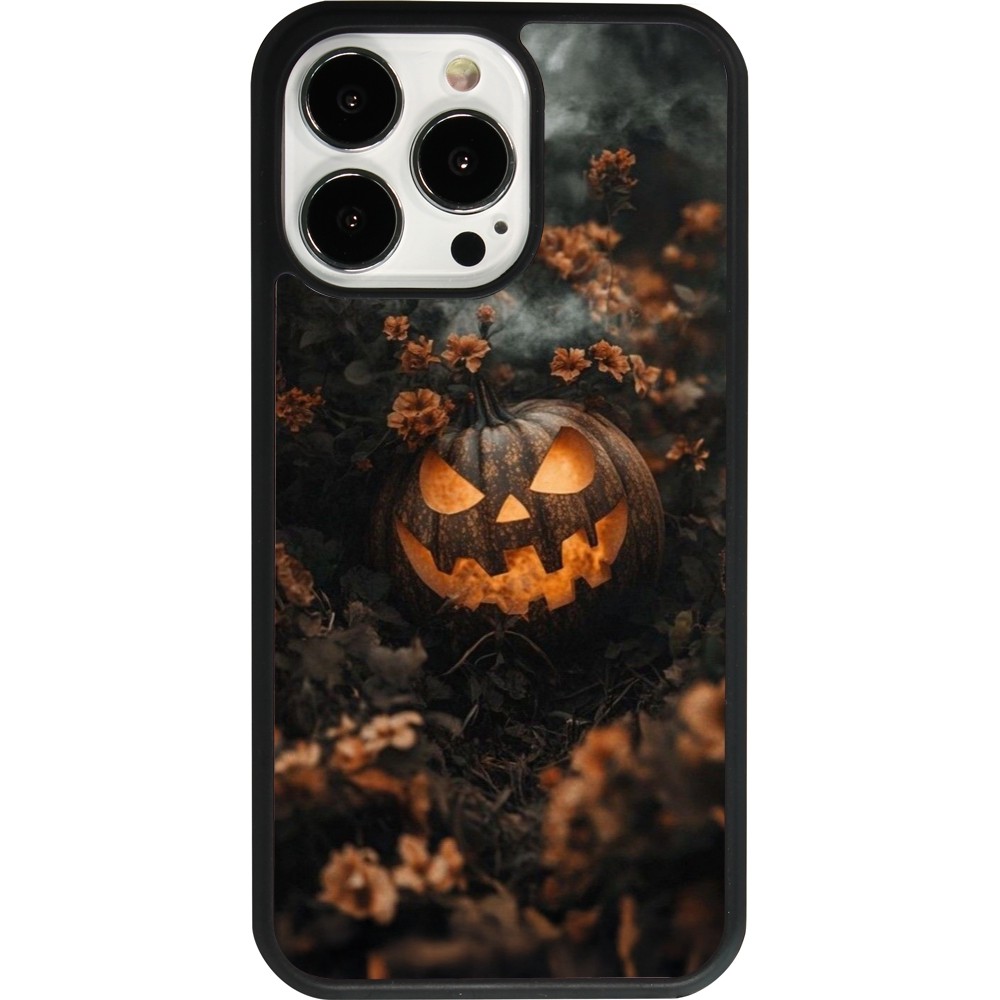Coque iPhone 13 Pro - Silicone rigide noir Halloween 2025 Pumpkin with flowers