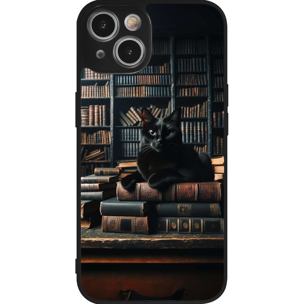 iPhone 14 Case Hülle - Silikon schwarz Katze Bücher dunkel