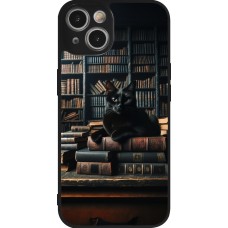 iPhone 14 Case Hülle - Silikon schwarz Katze Bücher dunkel
