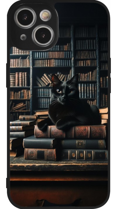 iPhone 14 Case Hülle - Silikon schwarz Katze Bücher dunkel