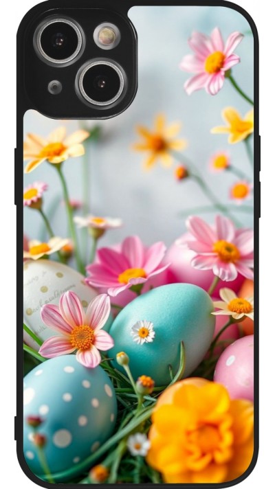 Coque iPhone 14 - Silicone rigide noir Easter 2026 Eggs with flowers