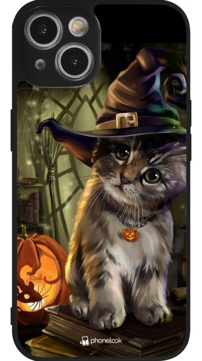 Coque iPhone 14 - Silicone rigide noir Halloween 21 Witch cat