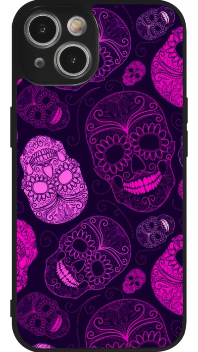 Coque iPhone 14 - Silicone rigide noir Halloween 2023 pink skulls