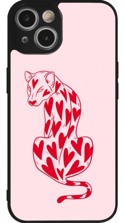 Coque iPhone 14 - Silicone rigide noir Leopard with hearts 2026