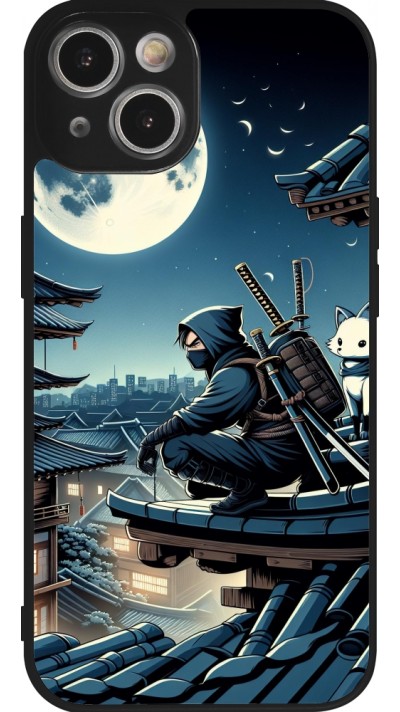 Coque iPhone 14 - Silicone rigide noir Ninja sous la lune