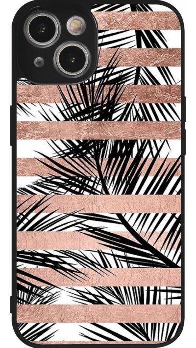 Coque iPhone 14 - Silicone rigide noir Palm trees gold stripes