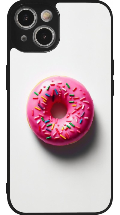 Coque iPhone 14 - Silicone rigide noir Weißer Hintergrund, pinker Donut