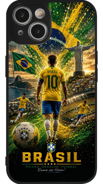Coque iPhone 14 - Silicone rigide noir Football Bre?sil splash 2026