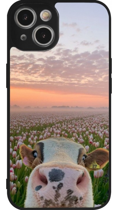 Coque iPhone 14 - Silicone rigide noir Cow with tulips 2026