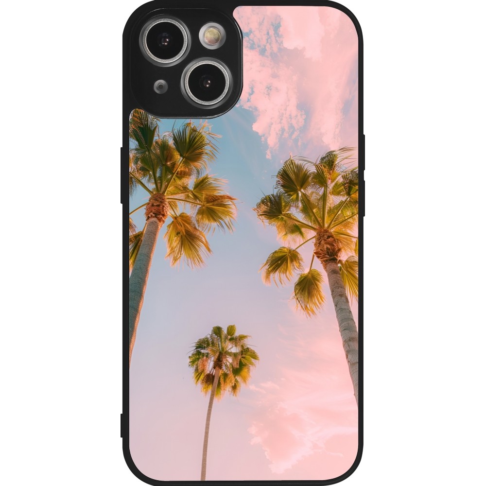 Coque iPhone 14 - Silicone rigide noir Summer 2025 Palmiers