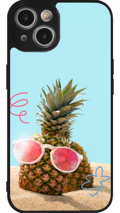 Coque iPhone 14 - Silicone rigide noir Pineapple with glasses Summer 2026