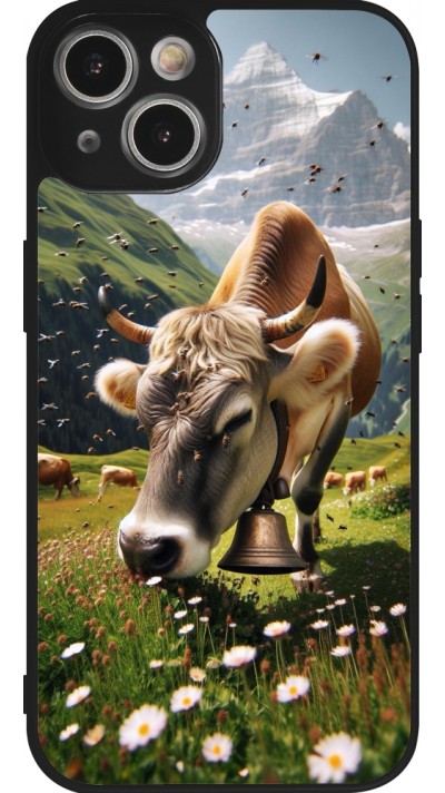 Coque iPhone 14 - Silicone rigide noir Vache montagne Valais