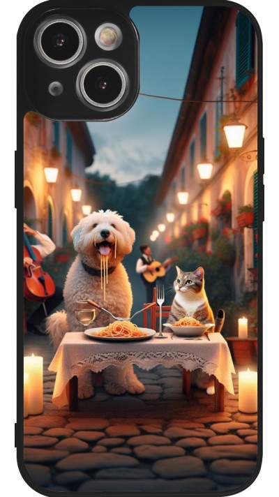 Coque iPhone 14 - Silicone rigide noir Valentine 2024 Dog & Cat Candlelight
