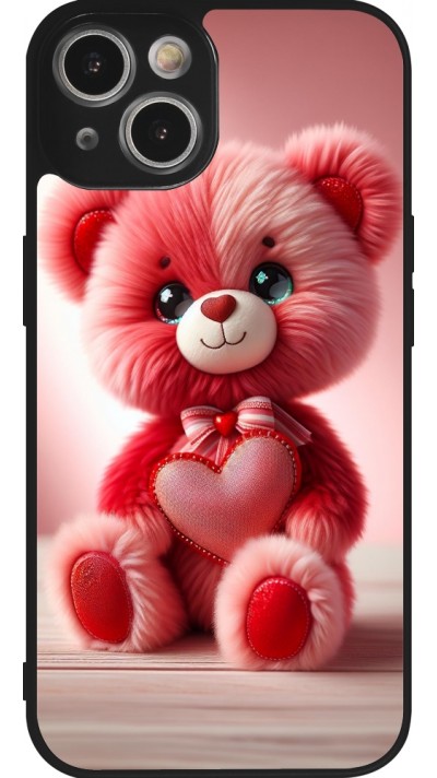 Coque iPhone 14 - Silicone rigide noir Valentine 2024 Ourson rose