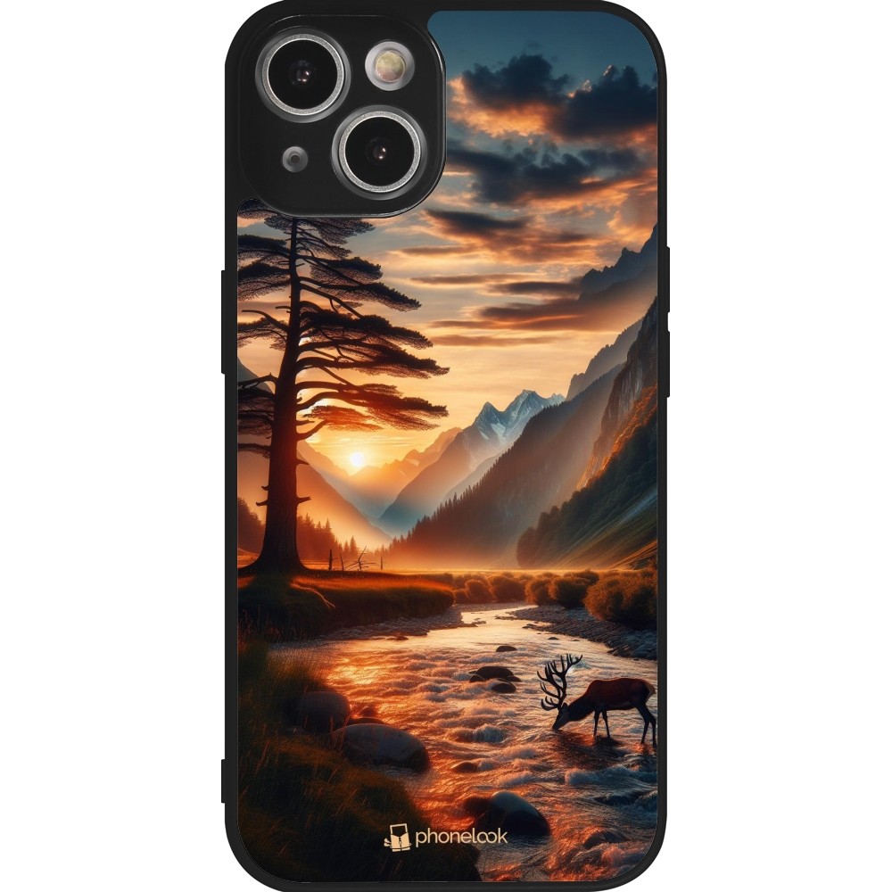 Coque iPhone 14 - Silicone rigide noir Valley Sunset Deer Tree
