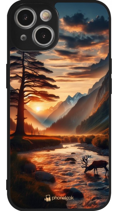 Coque iPhone 14 - Silicone rigide noir Valley Sunset Deer Tree