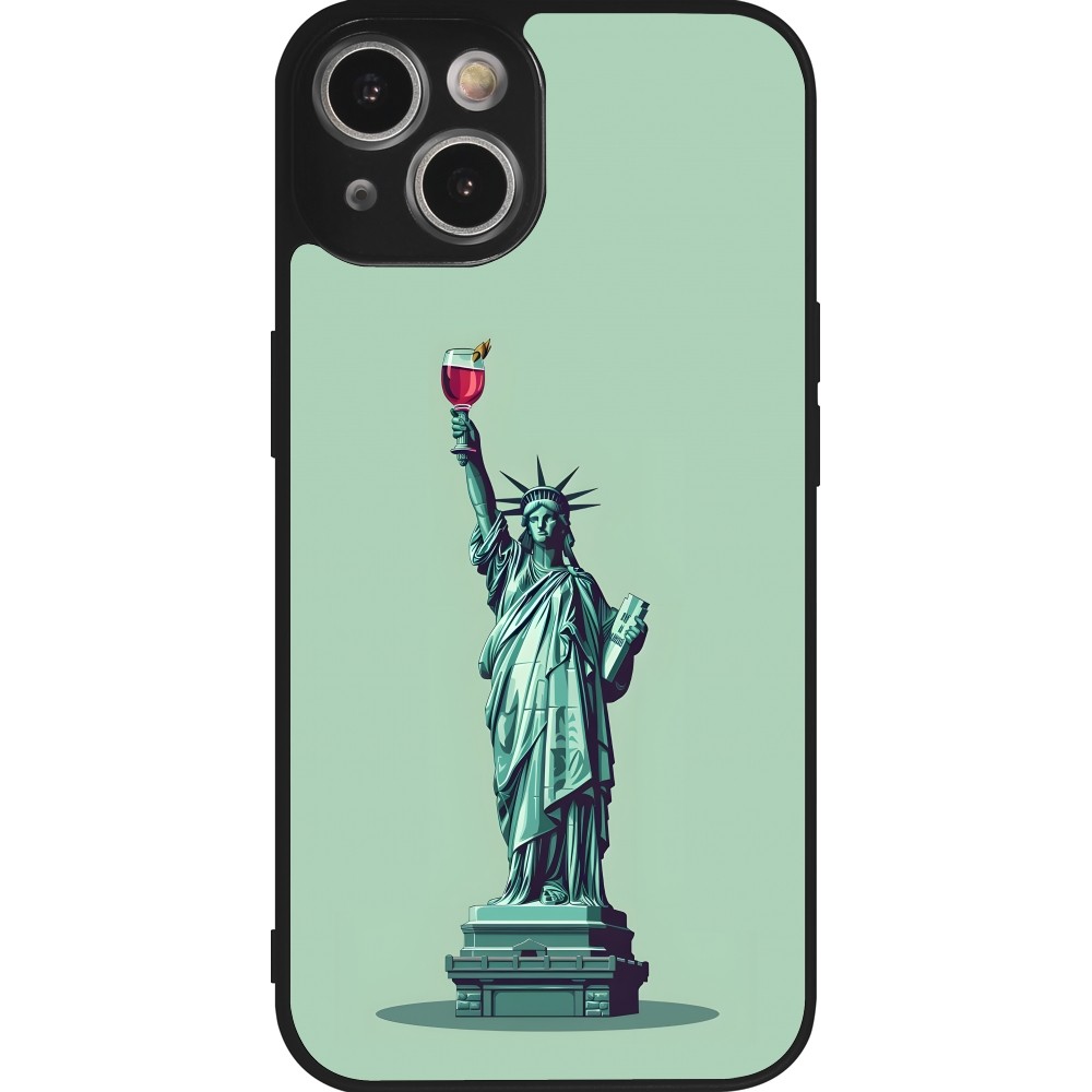 Coque iPhone 14 - Silicone rigide noir Wine Statue de la liberté avec un verre de vin