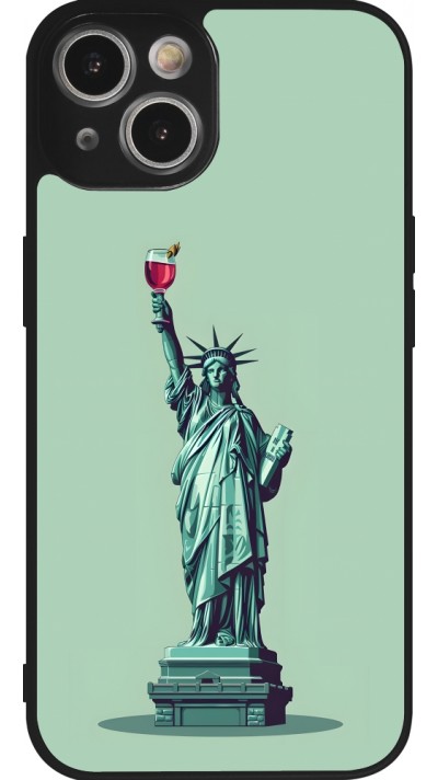 Coque iPhone 14 - Silicone rigide noir Wine Statue de la liberté avec un verre de vin