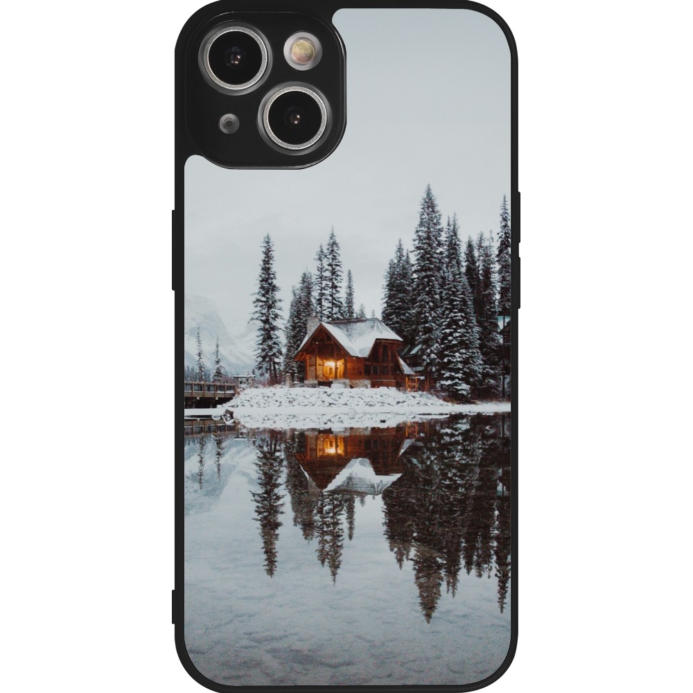 iPhone 14 Case Hülle - Silikon schwarz Winter 25 Winter house forest afternoon