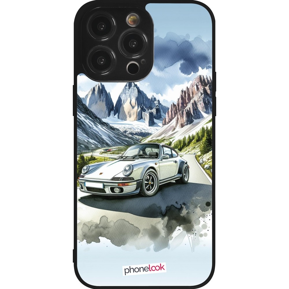 Coque iPhone 14 Pro Max - Silicone rigide noir Porsche 911 Mountain Watercolor