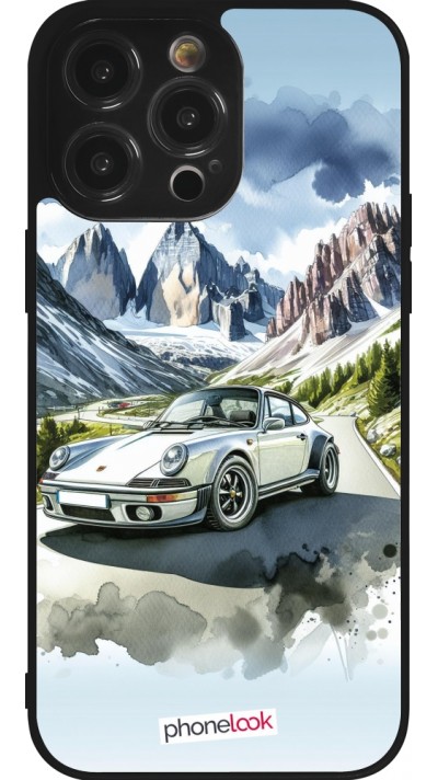 Coque iPhone 14 Pro Max - Silicone rigide noir Porsche 911 Mountain Watercolor