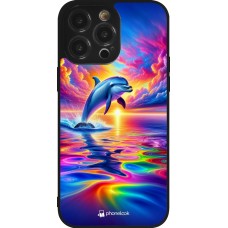 Coque iPhone 14 Pro Max - Silicone rigide noir Dauphin arc-en-ciel heureux