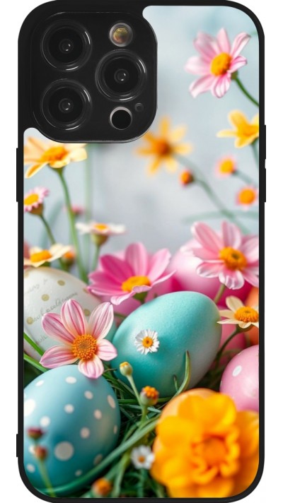 Coque iPhone 14 Pro Max - Silicone rigide noir Easter 2026 Eggs with flowers