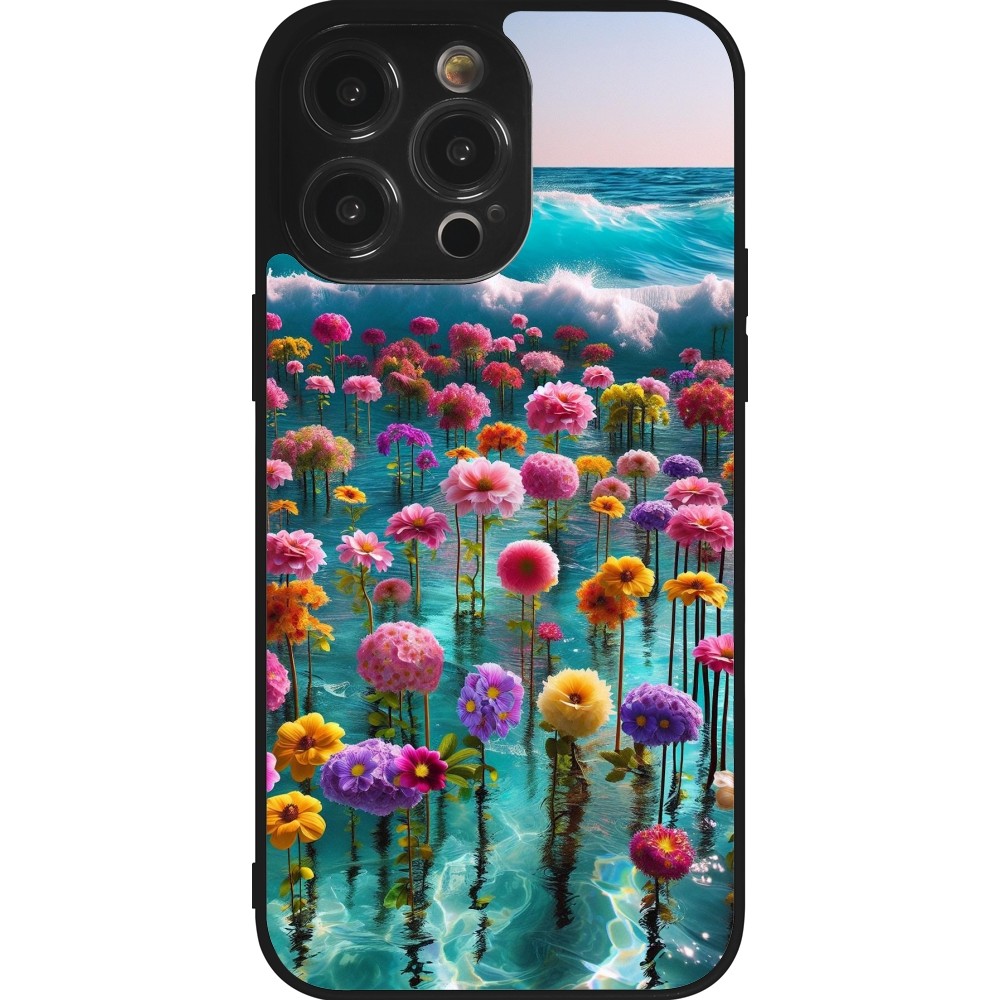 iPhone 14 Pro Max Case Hülle - Silikon schwarz Blumenmeer Wellen