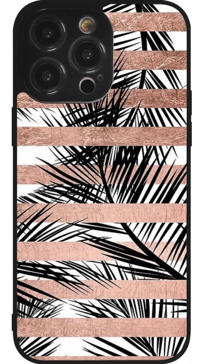 Coque iPhone 14 Pro Max - Silicone rigide noir Palm trees gold stripes