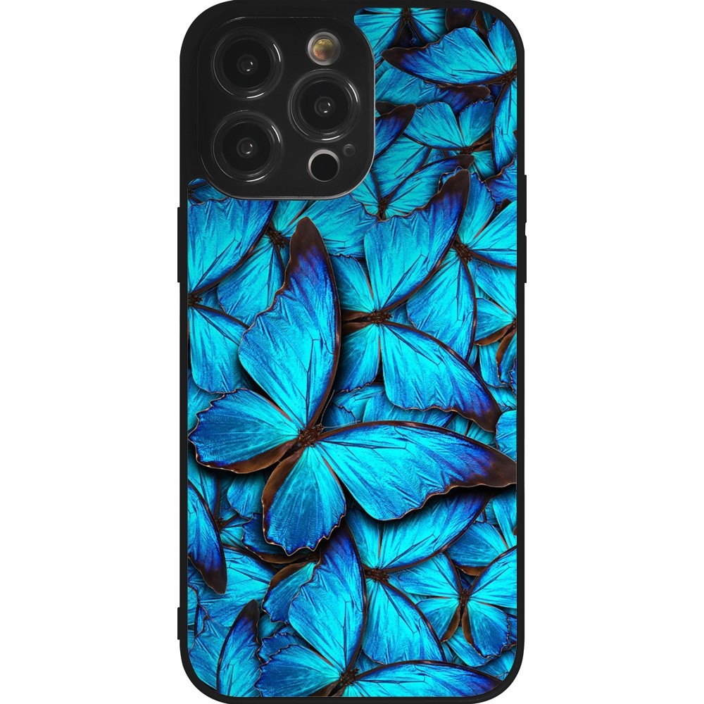 Coque iPhone 14 Pro Max - Silicone rigide noir Papillon bleu