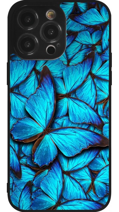 Coque iPhone 14 Pro Max - Silicone rigide noir Papillon bleu