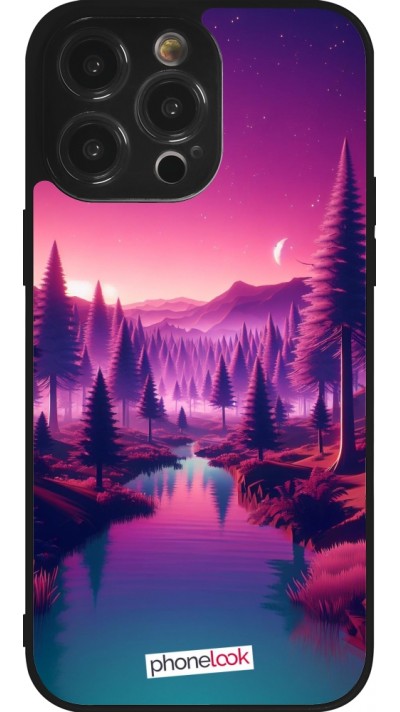 Coque iPhone 14 Pro Max - Silicone rigide noir Paysage Violet-Rose