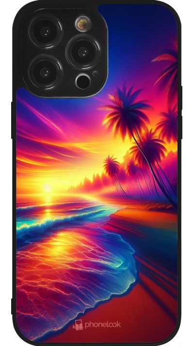 Coque iPhone 14 Pro Max - Silicone rigide noir Plage coucher soleil flashy