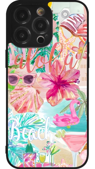 Coque iPhone 14 Pro Max - Silicone rigide noir Preppy Collage Aloha