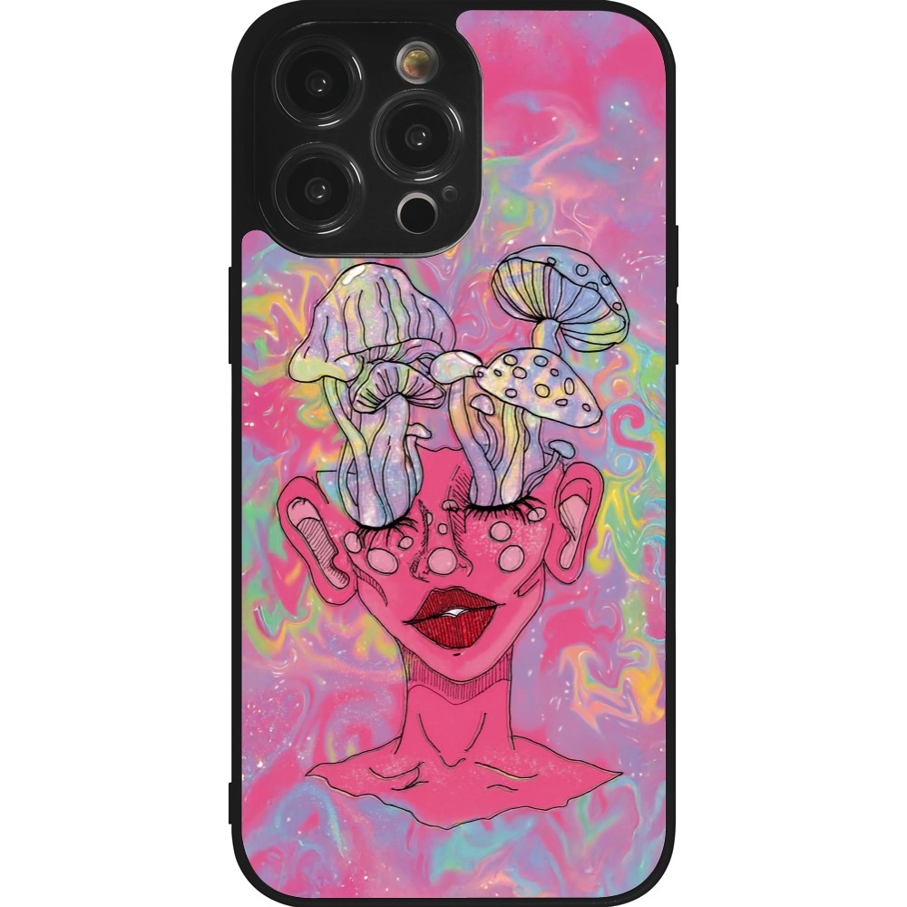 Coque iPhone 14 Pro Max - Silicone rigide noir Psychedelic pink mushroom