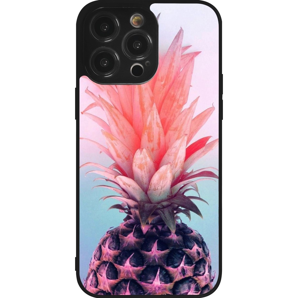 Coque iPhone 14 Pro Max - Silicone rigide noir Purple Pink Pineapple