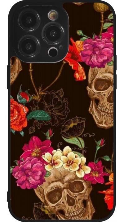 Coque iPhone 14 Pro Max - Silicone rigide noir Skulls and flowers