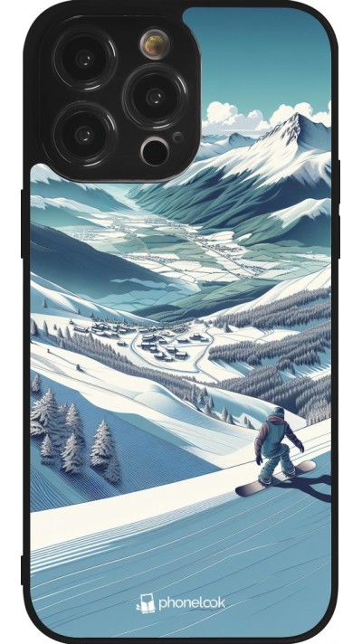 Coque iPhone 14 Pro Max - Silicone rigide noir Snowboarder Montagne