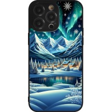 Coque iPhone 14 Pro Max - Silicone rigide noir Snowy Mountain Village Lake night