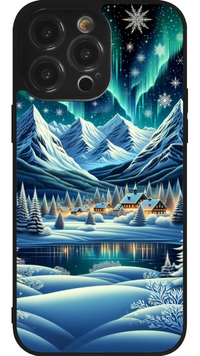 Coque iPhone 14 Pro Max - Silicone rigide noir Snowy Mountain Village Lake night