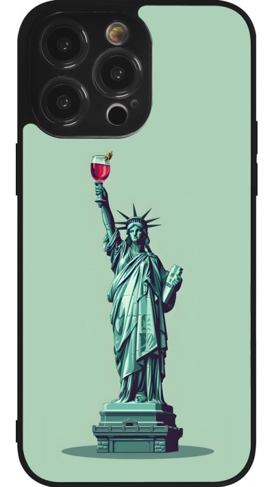 Coque iPhone 14 Pro Max - Silicone rigide noir Wine Statue de la liberté avec un verre de vin
