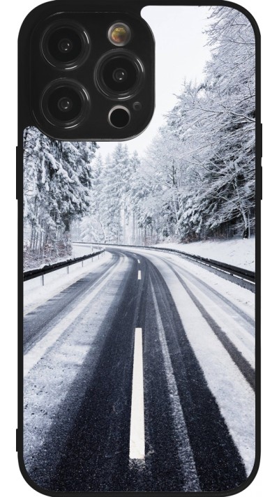 Coque iPhone 14 Pro Max - Silicone rigide noir Winter 22 Snowy Road