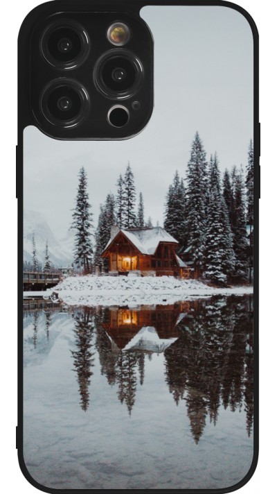 Coque iPhone 14 Pro Max - Silicone rigide noir Winter 25 Winter house forest afternoon