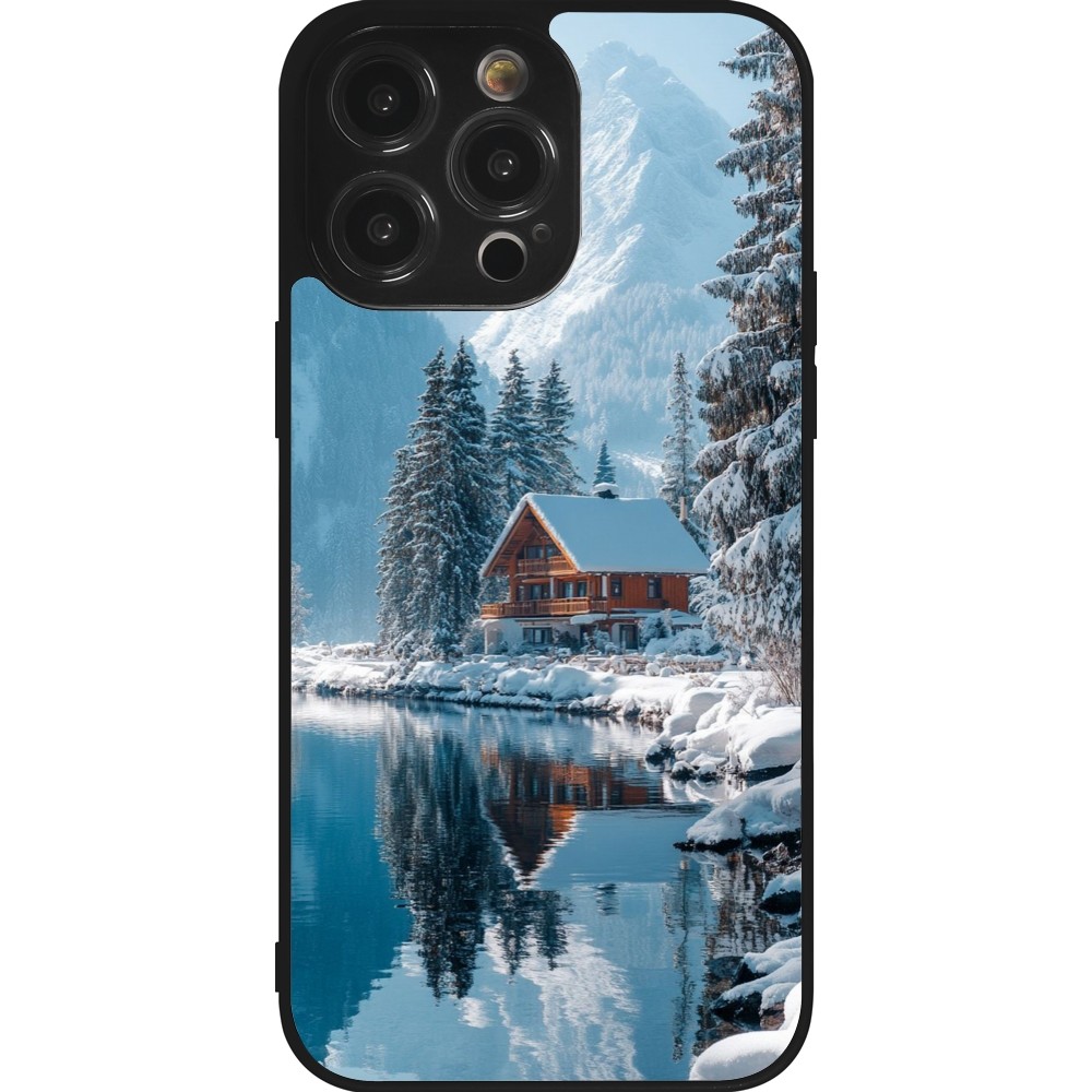 Coque iPhone 14 Pro Max - Silicone rigide noir Winter 25 Winter house forest day