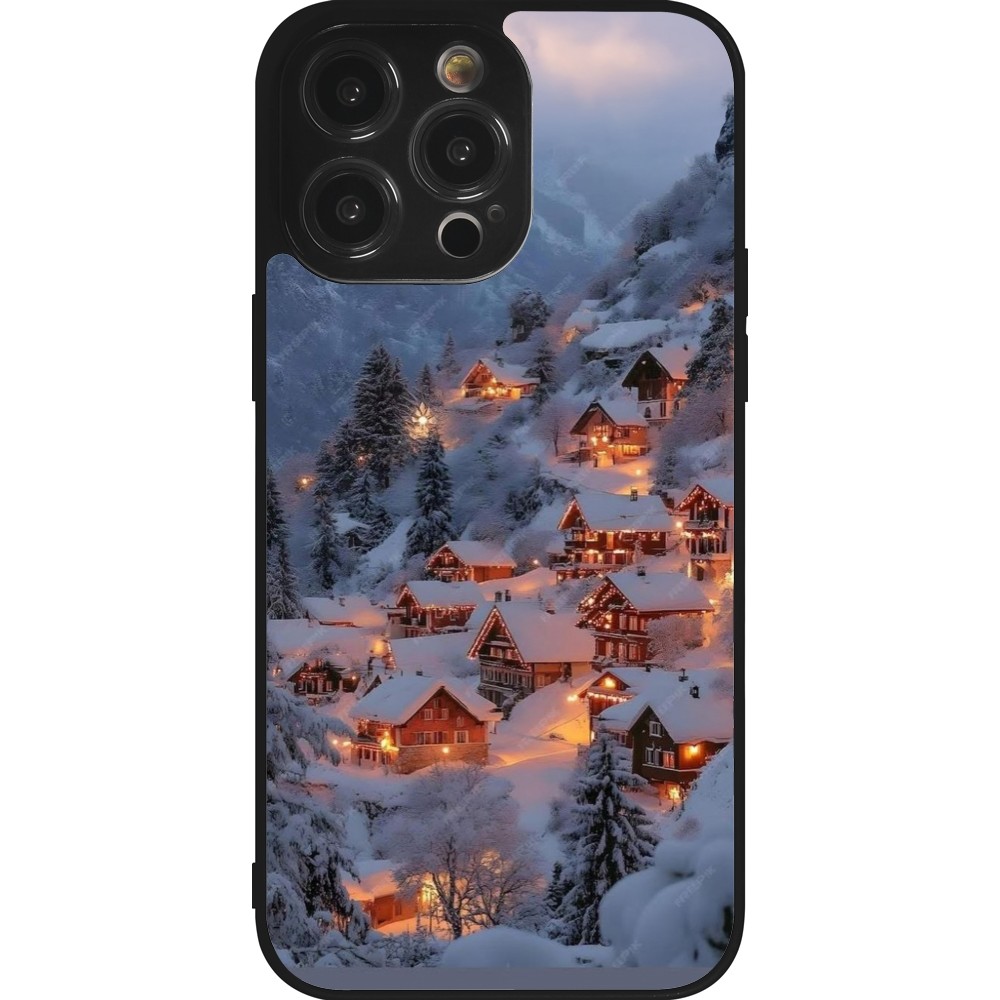Coque iPhone 14 Pro Max - Silicone rigide noir Winter 25 Winter snowy village